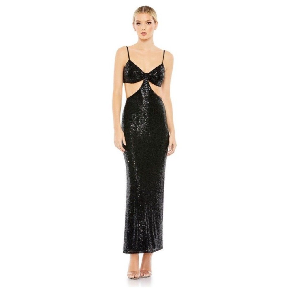 NWT Ieena for Mac Duggal Black Sequin Cutout Gown Knit Evening Formal Dress Sz 8